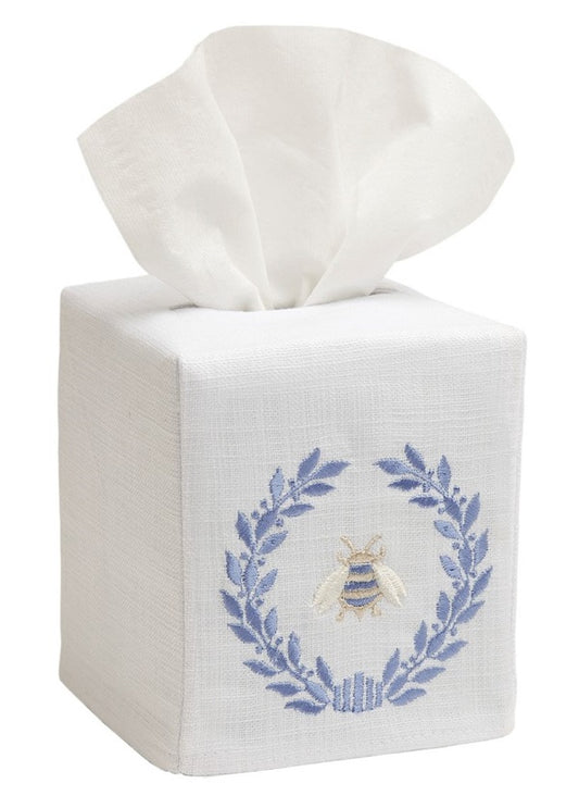 Tissue Box Cover, Linen Cotton - Napoleon Bee Wreath (Blue)