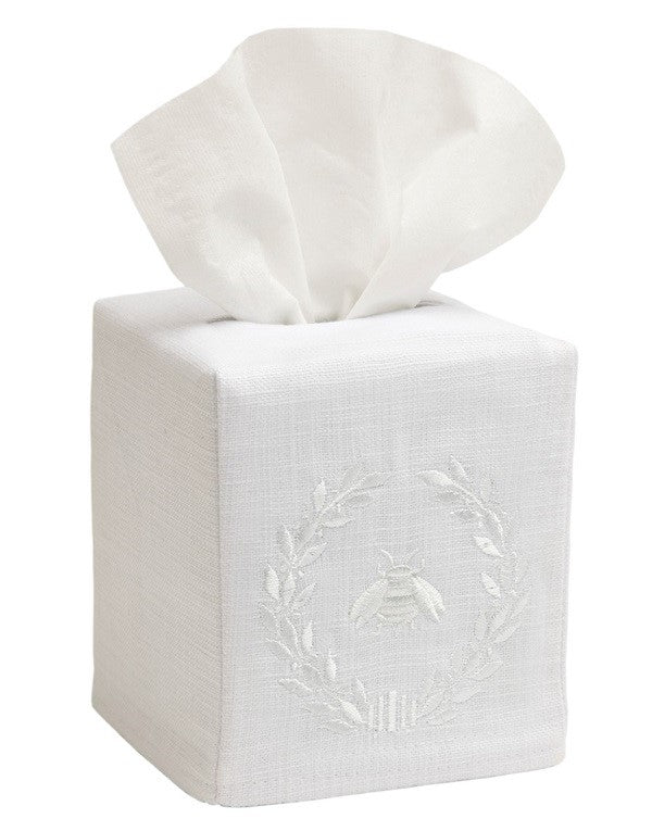 Tissue Box Cover, Linen Cotton - Napoleon Bee Wreath (White)