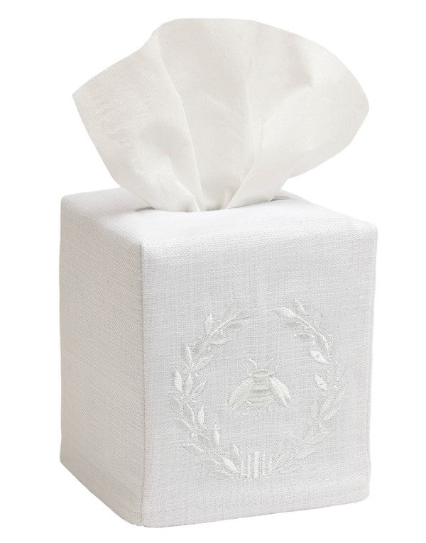 Tissue Box Cover, Linen Cotton - Napoleon Bee Wreath (White)