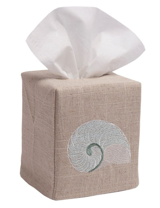 Tissue Box Cover, Natural Linen, Striped Nautilus (Aqua)