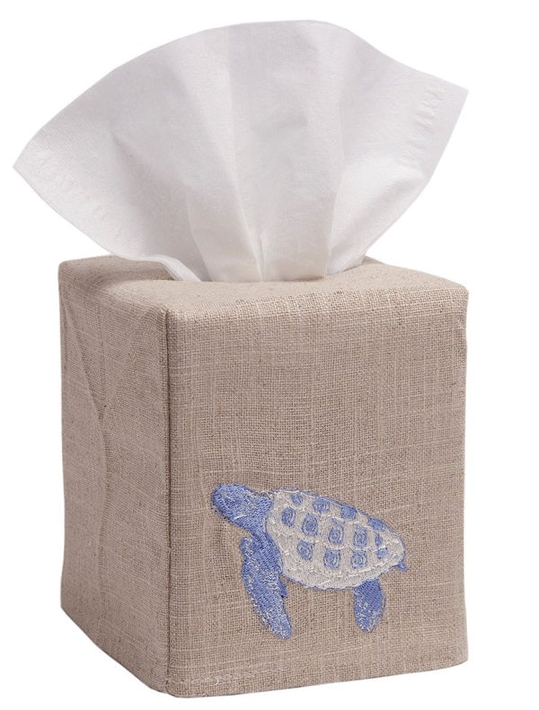 Tissue Box Cover, Natural Linen, Sea Turtle (Blue)