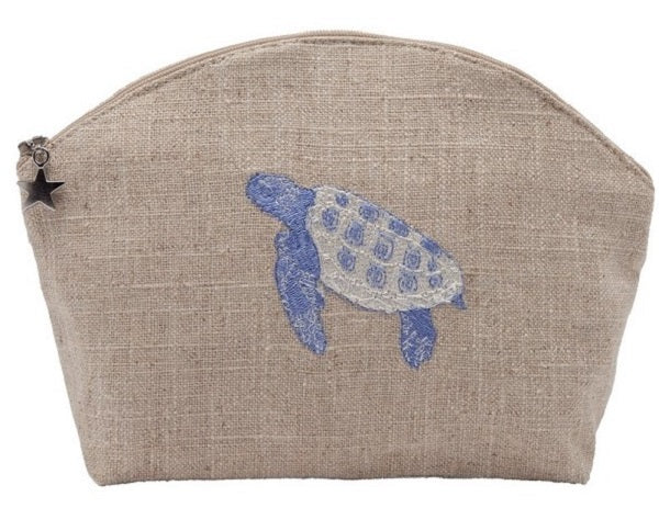 Cosmetic Bag, Natural Linen (Medium), Sea Turtle (Blue)