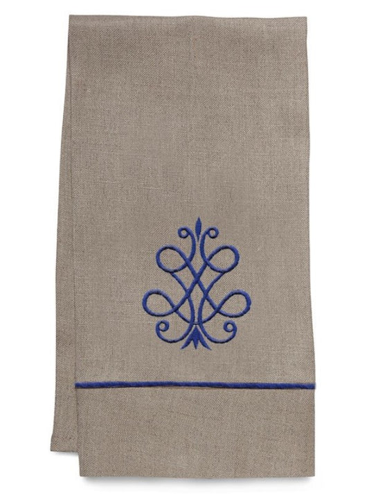 Guest Towel, Natural Linen, French Scroll (Cobalt Blue)