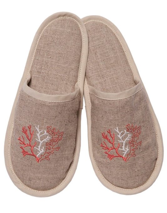 Slippers, Natural Linen, Coral (Coral)