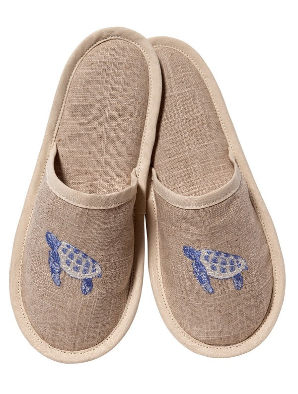 Slippers, Natural Linen, Sea Turtle (Blue)