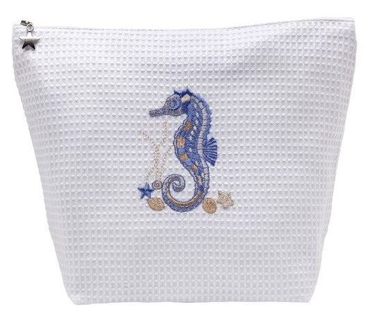 Cosmetic Bag (Large) - Waffle Weave - Seahorse & Shells (Blue)