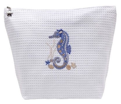 Cosmetic Bag (Large) - Waffle Weave - Seahorse & Shells (Blue)