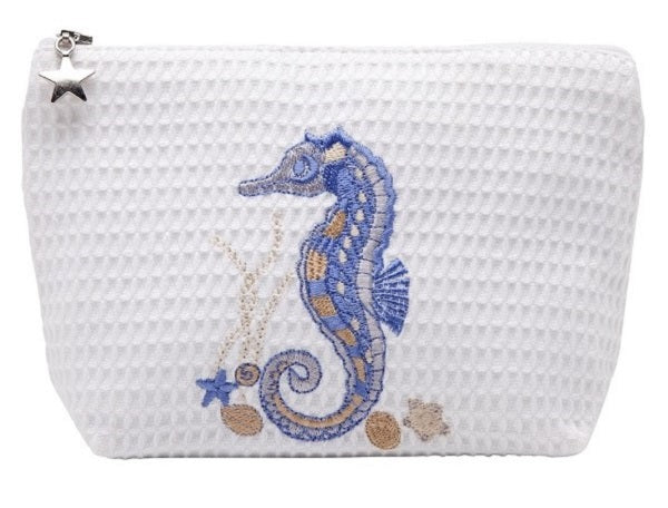 Cosmetic Bag (Small), Waffle Weave, Seahorse & Shells (Blue)