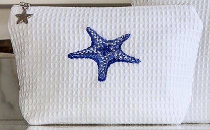 Cosmetic Bag (Small), Waffle Weave, Morning Starfish (Blue)
