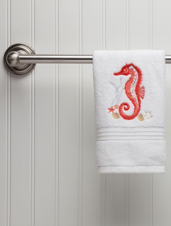 Guest Towel, Terry, Seahorse & Shells (Coral)