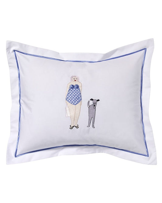 Boudoir Pillow Cover, Bathing Lady & Dog (Blue)