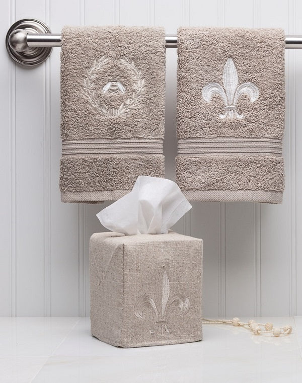 Tissue Box Cover, Natural Linen, Fleur de Lis (Beige)
