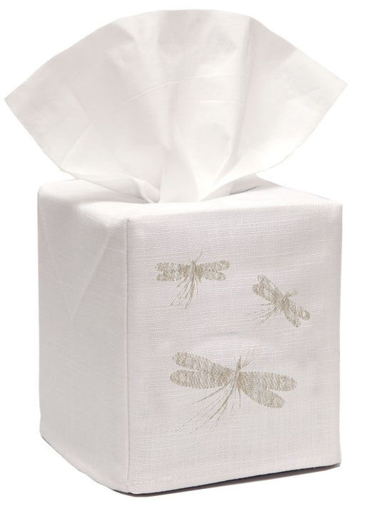 Tissue Box Cover, Linen Cotton - Three Dragonflies - Classic (Cream)