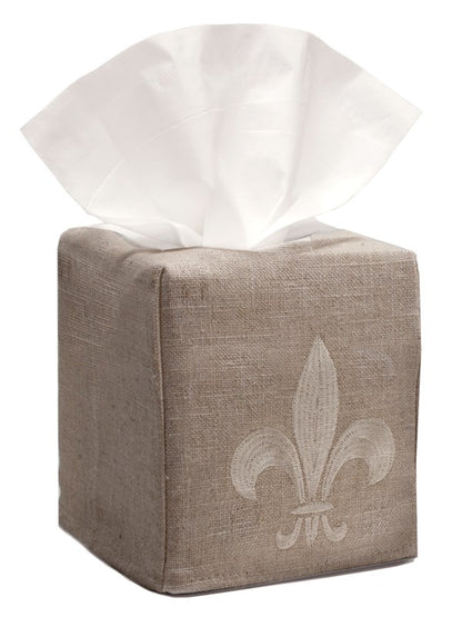 Tissue Box Cover, Natural Linen, Fleur de Lis (Beige)