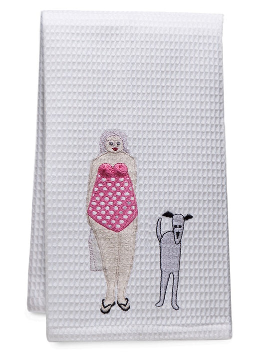 Guest Towel, Waffle Weave, Bathing Lady & Dog (Pink)