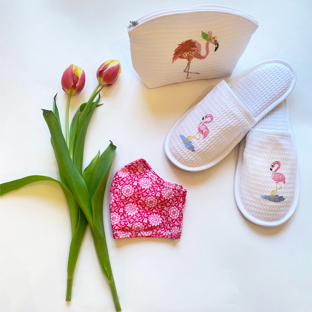 Slippers, Waffle Weave, Flamingos (Pink)