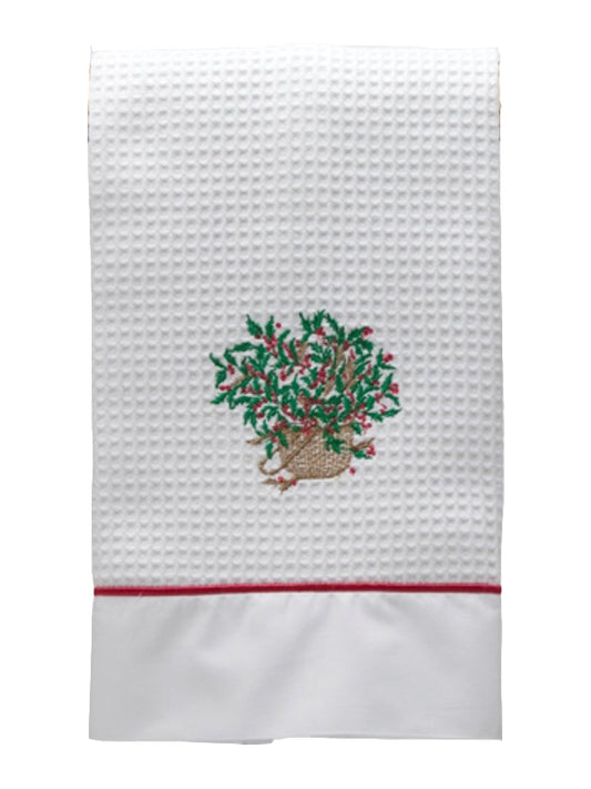 Guest Towel, Waffle Weave and Satin Trim, Holly Basket (Green/Red)