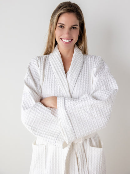 Bathrobe - White Cotton, Luxury Waffle Weave