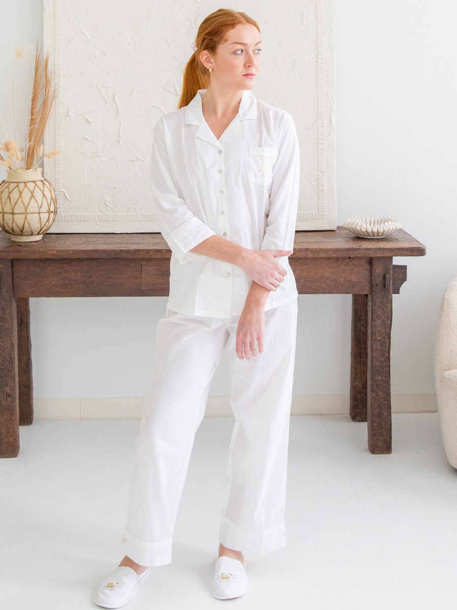Laurie White Cotton Pajamas, Embroidered