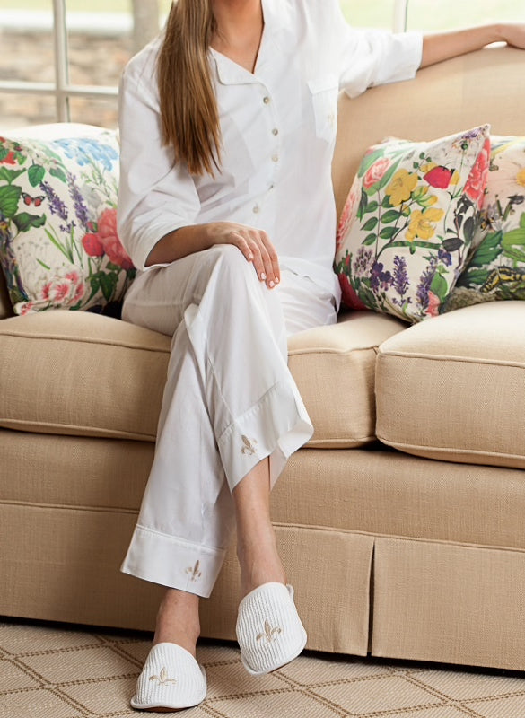 Laurie White Cotton Pajamas, Embroidered