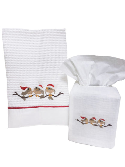 Guest Towel, Waffle Weave and Satin Trim, Christmas Birds on Branch
