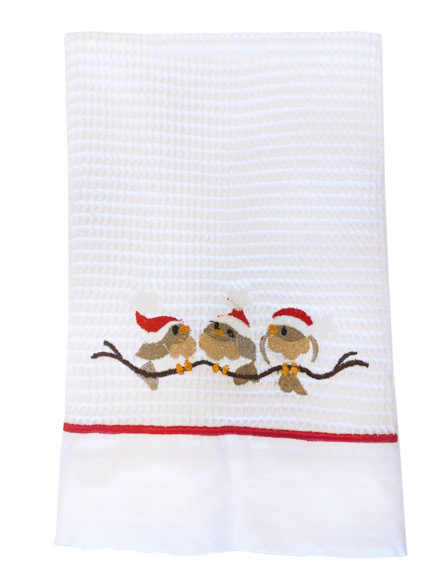 Guest Towel, Waffle Weave and Satin Trim, Christmas Birds on Branch