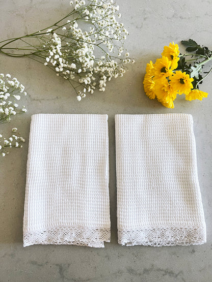 Dinner Napkins - White Waffle Weave, Lace Trim (Set of 2)
