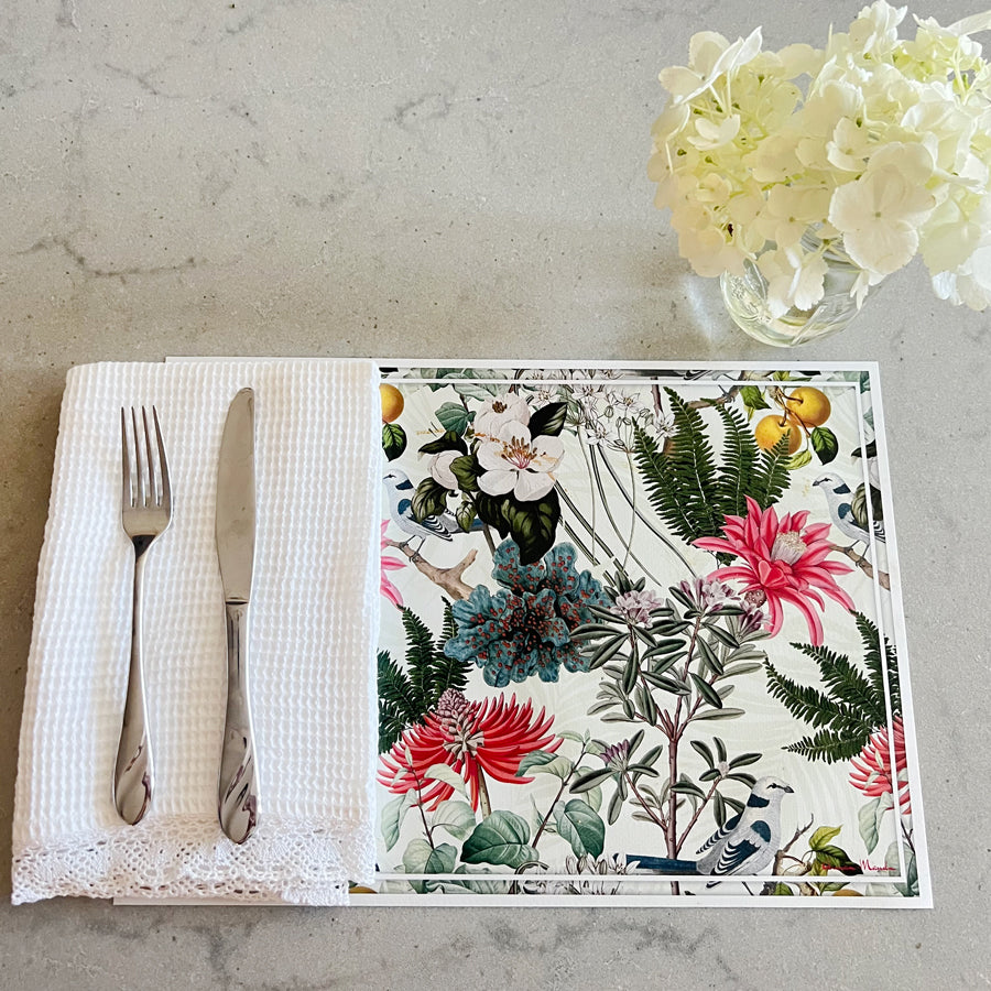 Dinner Napkins - White Waffle Weave, Lace Trim (Set of 2)