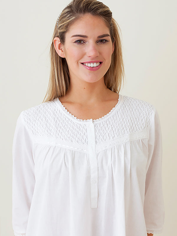 Liz White Cotton Nightgown, Smocking & Lace