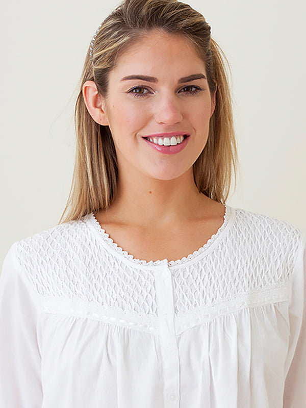 Liz White Cotton Nightgown, Smocking & Lace