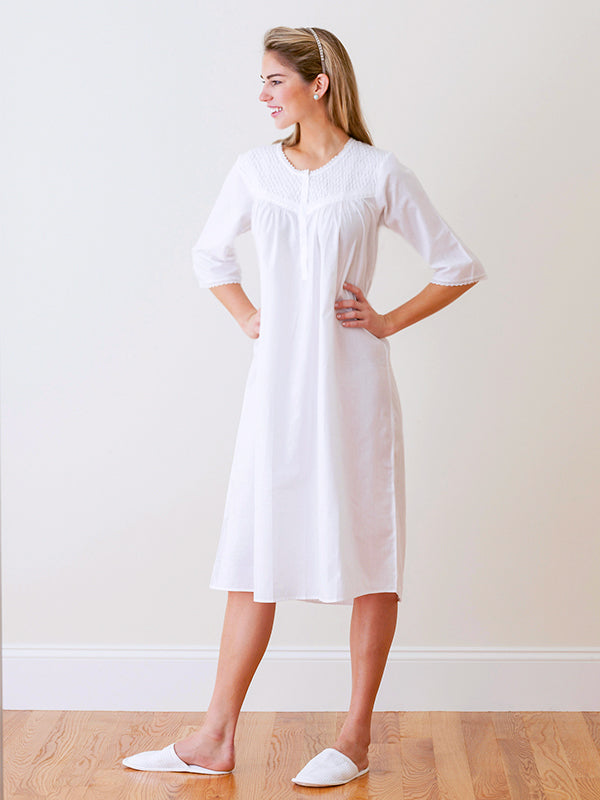 Liz White Cotton Nightgown, Smocking & Lace
