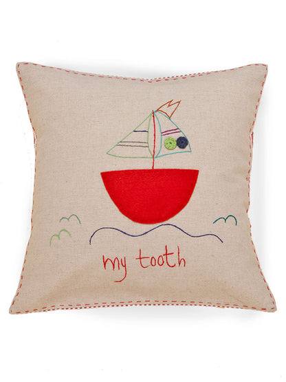 Tooth Fairy Pillow 16" x 16", Natural Linen - "my tooth" (Applique & Crochet)