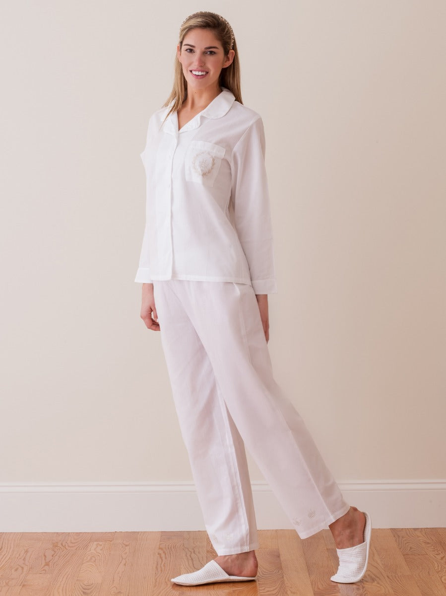 Lorraine White Cotton Pajamas, Embroidered