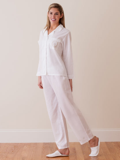 Lorraine White Cotton Pajamas, Embroidered