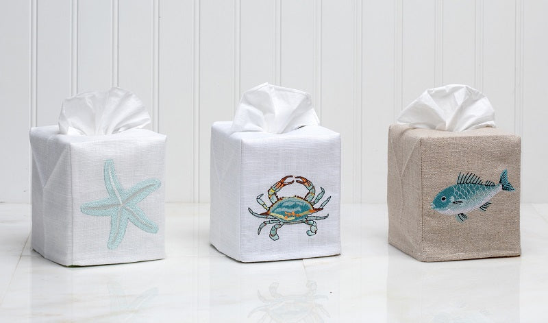 Tissue Box Cover, Natural Linen, Swimming Fish (Aqua)