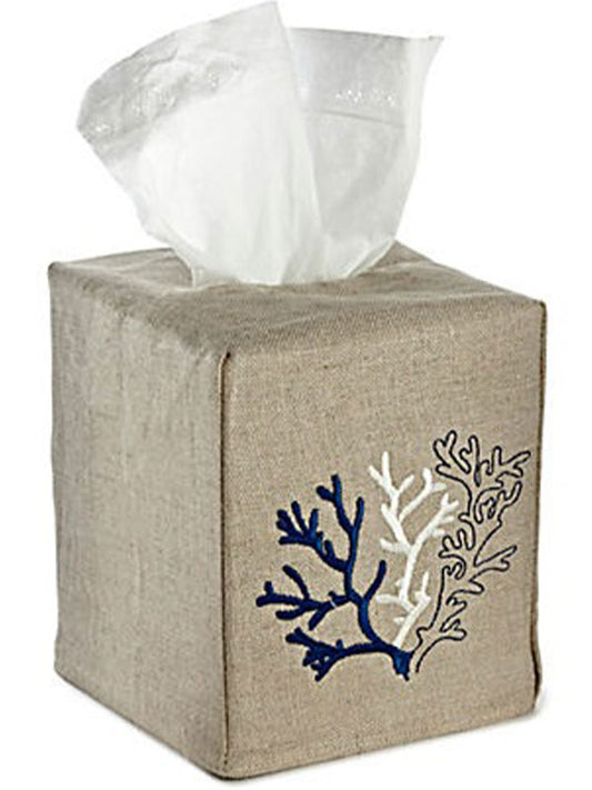 Tissue Box Cover, Natural Linen, Coral (Navy)