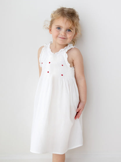 Noa White Cotton Dress, Smocked with Hand Embroidery