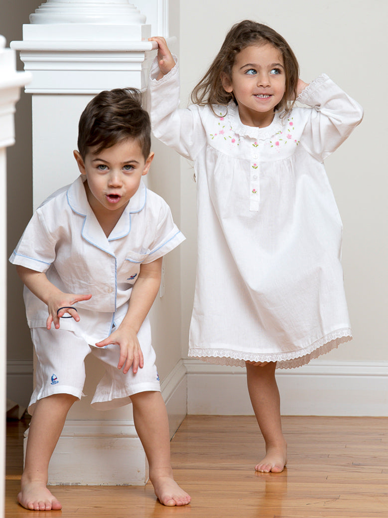 Ruby White Cotton Dress, Pink Rosebud Embroidery, Eyelet Lace, Jacaranda Living Girls Dresses 5-6y