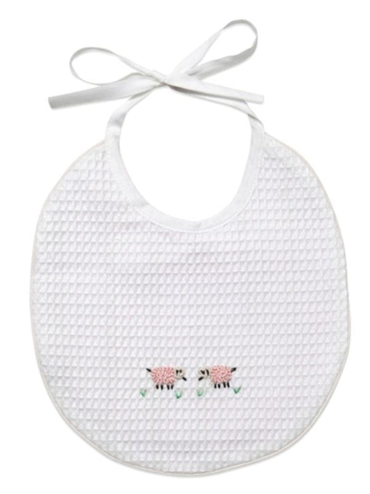 Baby Bib - White Waffle Weave, Gingham Lining, Hand Embroidered
