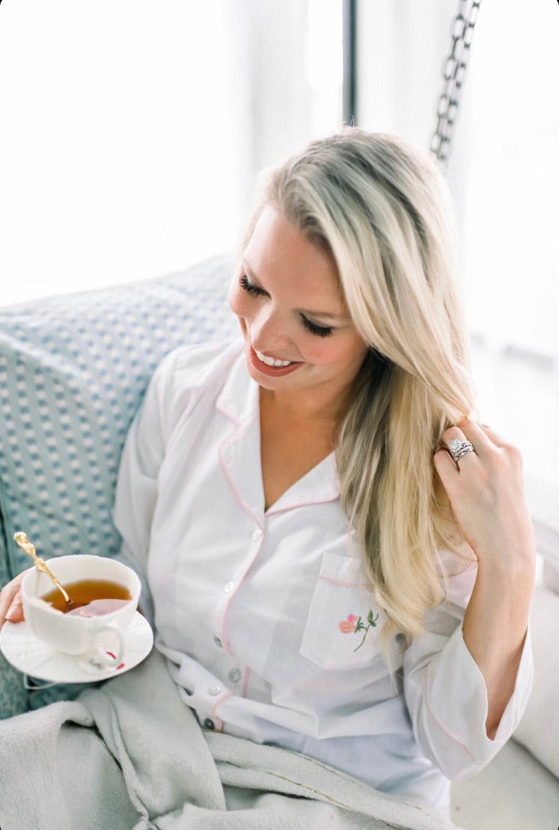 Carol White Cotton Pajamas, Embroidered