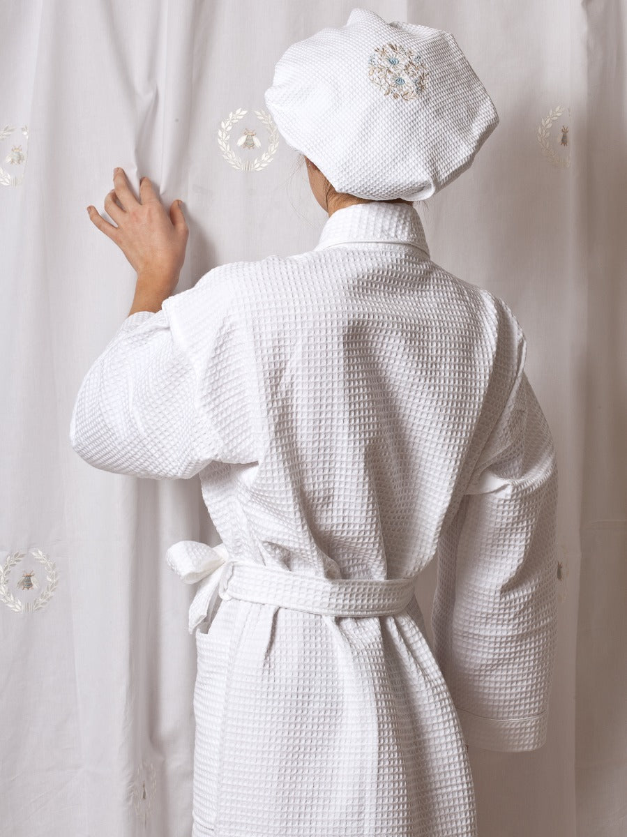 Waffle Weave Bathrobe with Satin Trim and blue scallop embroidery, luxury  cotton bathrobes, embroidered bathrobes – Jacaranda Living